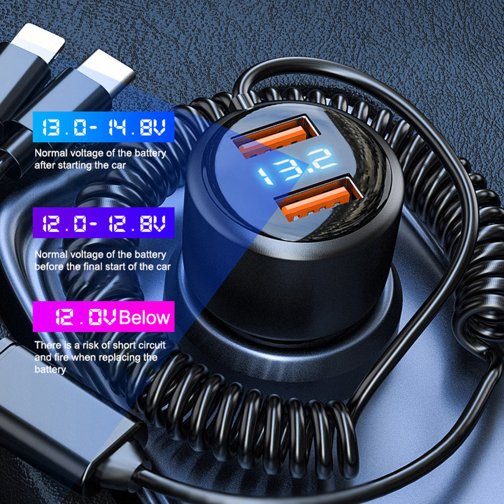 P6X 12V-24V Dual USB Car Cigarette Lighter Fast Phone Charger with iP+Micro+USB-C Cable P6X 12V-24V Dual USB Car Cigarette Lighter Fast Phone Charger with iP+Micro+USB-C Cable